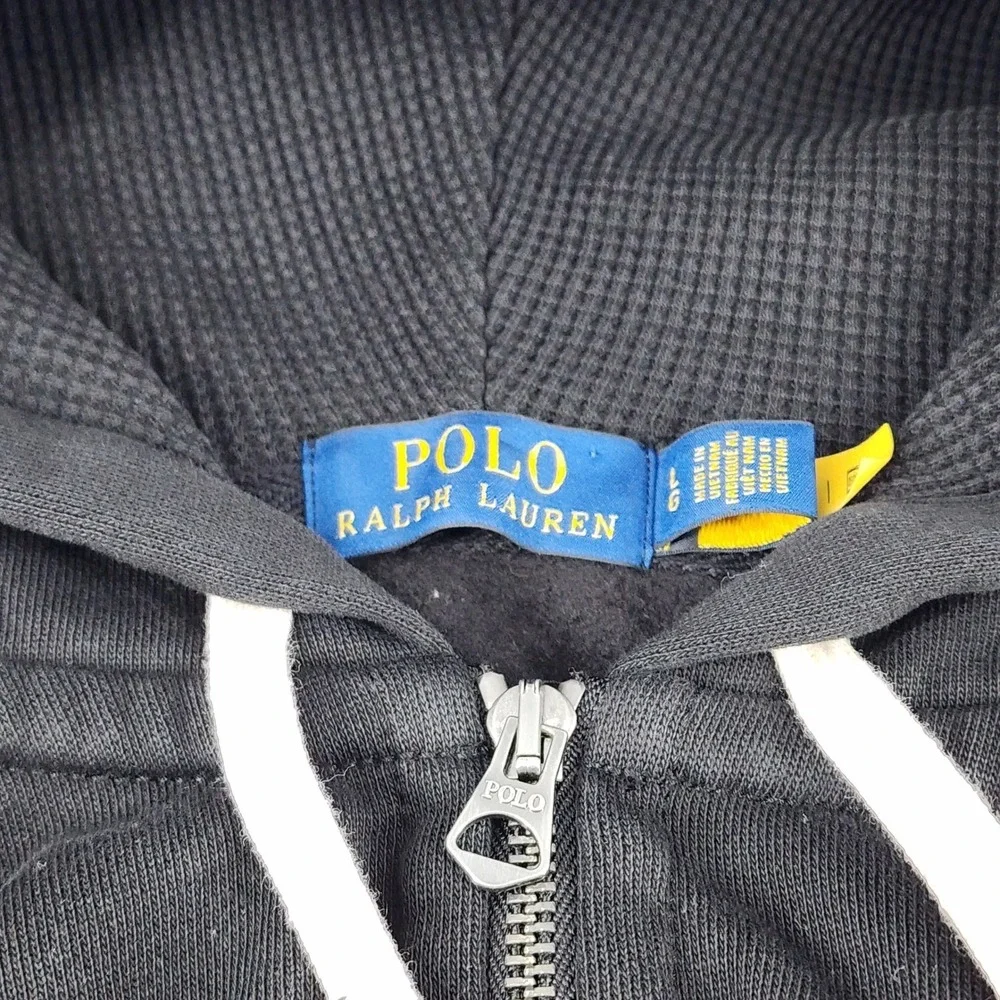 Polo Ralph Lauren Hoodie Mens L Black Thick Waffle Knit Fleece Pullover Zip Pony - Picture 5 of 10